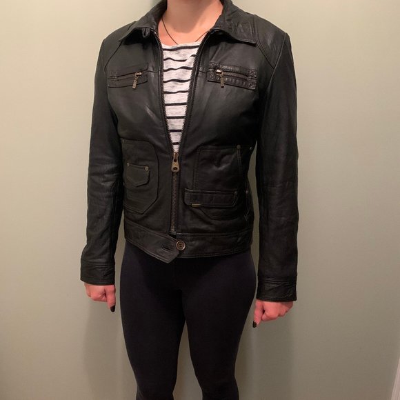 Naf Naf Zip-Up Black Leather Jacket - Picture 3 of 3